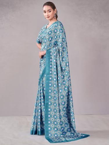 Image of Satrani Women's Chinnon Printed Saree with Unstitched Blouse Piece
