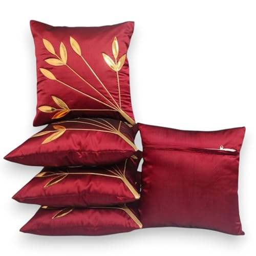 Image of Golden Floral Cushion Covers, 16x16 Inch, Set of 5 (Maroon)