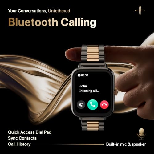 Image of Fire-Boltt Ninja Blaze Smart Watch, Stainless Steel Strap & Steel Body, 1.83 inch Display Bluetooth Calling Built-in Mic & Speaker, 120+ Sports Modes, Smartwatch for Man and Woman Onyx Gold