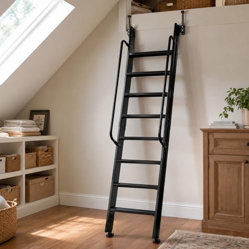 8.2FT Industrial Style Loft Ladder with Double Handrails 8 Steps Library Ladder 1100LBS Capacity Carbon Steel Attic Loft Stairs Wall Mounted Loft Ladder for Home Library Warehouse