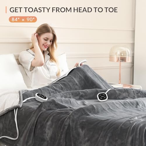 Image of HOMLYNS LuxeHeat Heated Blanket Electric Blanket Queen Size, Soft Flannel Sherpa Heating Blanket with 10 Heat Settings, 1-10 hrs Timer Auto Shut Off (84x90 inches, Grey), Only for 120V Voltage Use