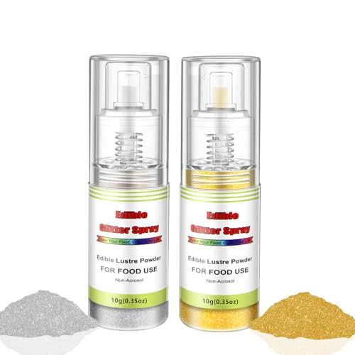 Edible Glitter Spray Set (Gold and Silver), Non Aerosol Food Coloring Lustre Powder, Food Grade Sparkling Dust Push Pump for Decorating Cupcake, Fondant, Cookie, Frosting, Gum paste.