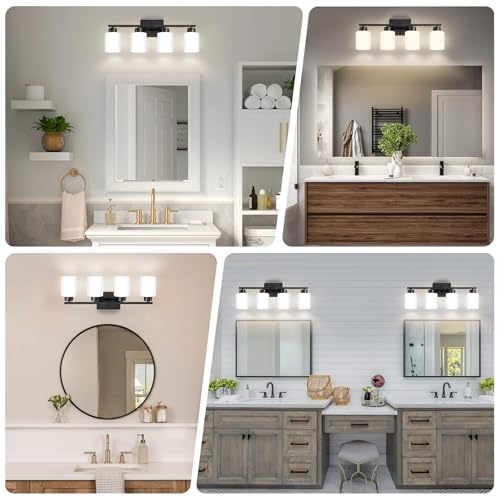 Image of FonmYim Black Bathroom Light Fixtures, 4-Light Modern Vanity Light Over Mirror, Wall Sconces with Milky White Frosted Glass Shades, E26 Socket (Bulbs Not Included)