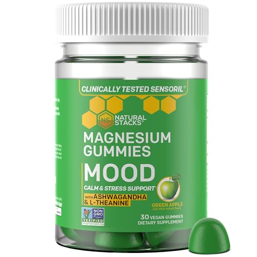 Mood Magnesium Gummies - 200mg Magnesium Citrate & 125mg Sensoril Ashwagandha Gummies - with L Theanine for Calm & Stress Support - Mag Citrate and Ashwagandha Supplement - 30 Green Apple Chewables