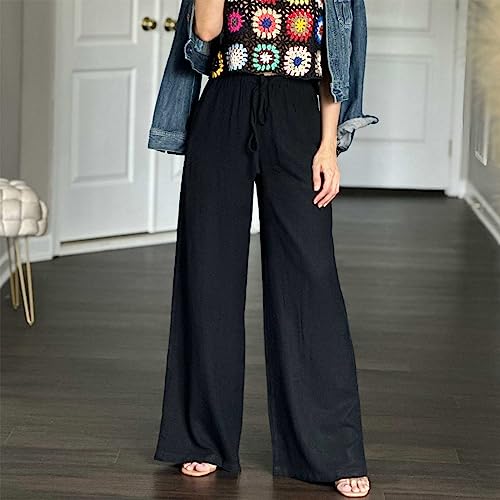 Image of Duyang Womens Cotton Linen Palazzo Pants Drawstring Elastic Waist Casual Wide Leg Trousers with Pockets
