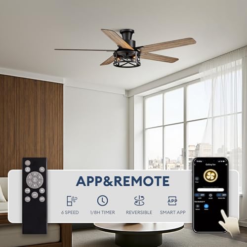 Image of 52 Inch Flush Mount Ceiling Fans with Lights and Remote Control, Low Profile Farmhouse Ceiling Fan for Bedroom Living Room and Patio, Black Caged Ceiling Fan for Indoor and Outdoor(NO BULBS)