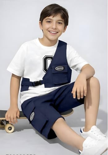 Image of Kids Boys 3-Piece Outfit Set | Half Sleeve T-Shirt, Utility Vest & Cargo Shorts with Cap | Stylish Casual Summer Clothing Set for Boys