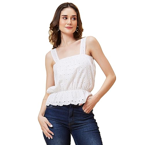 Image of Globus Women White Self Design Schfilli Top