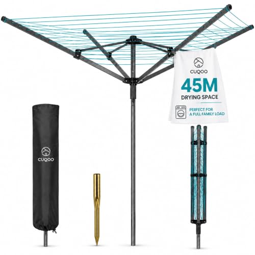 CUQOO 4 Arm Folding Clothes Line in Black 45m Heavy Duty Rotary Washing Line | Outdoor Rotary Clothes Dryer with Non-Slip Lining Ground Spike and Cover