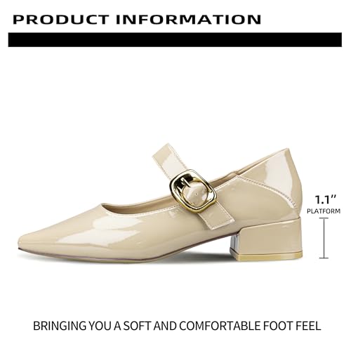 Women's Patent Leather Mary Jane Flats, Pointed Toe, White with Gold Buckle, Low Block Heel3