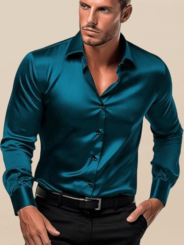 Image of IndoPrimo Men's Satin Shirt with Spread Collar Neck Line Solid Pattern Full Sleeves Regular Fit Western Style and Standard Length