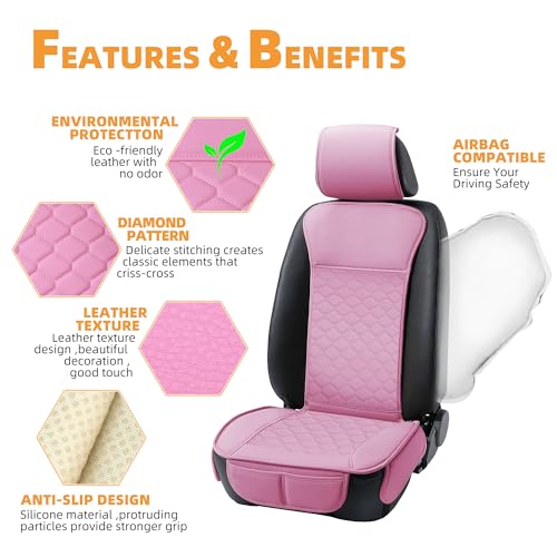 Image of Elantrip 2PCS Front Car Seat Covers Pink Leather Auto for Women Airbag Compatible Diamond Pattern PU Seat Cover Universal Fitness