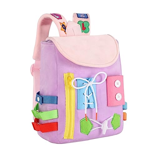 Image of Busy Board - Toddler Backpack with Buckles and Learning Activity Toys - Develop Fine Motor Skills and Basic Life Skills - Learn to Tie Shoes - Children's Travel Toy (Purple)