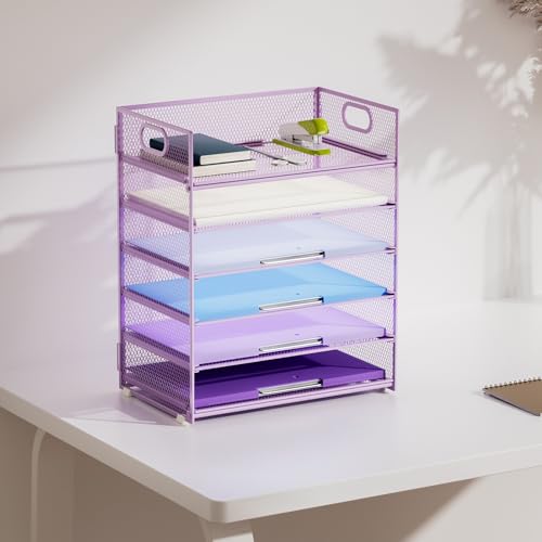 Image of Marbrasse 2 Pack Desk Organizer with Handle, 6 Tier Paper Letter Tray, Mesh Desk File Organizer for Office, School and Home - Purple