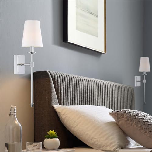 Image of Kira Home Torche 20 inch Mid Century Modern Wall Sconce with Tapered White Linen Shade, Chrome Candle Wall Light with Elongated Tail, Chrome Finish (Pack of 2)