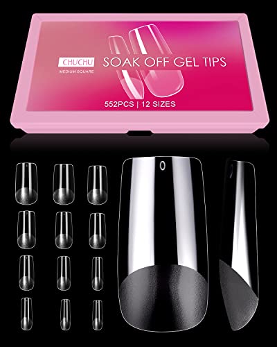 CHUCHU Faux Ongles Capsules Kit Manucure, 552PCS Gel Capsule Americaine Gel Faux Ongle, 12 Tailles Couverture Complète Résine Faux Ongles Capsule,Prothésiste Ongulaire Débutant Nail Art(Medium Square)