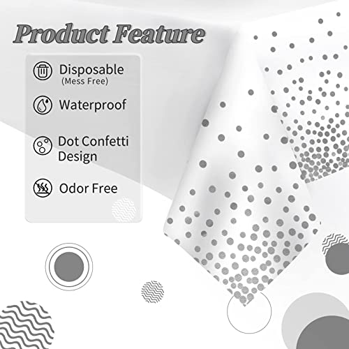 2Pcs White and Silver Dotted Confetti Party Table Cloth 54 * 108 inch Large Plastic Waterproof Table Cover Rectangular Tablecloth for Birthday,Baby Shower,Wedding,Picnic,Party Decoration - Image 3