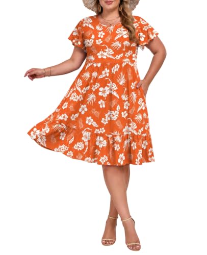 Image of Women's Plus Size Casual Dress Crew Neck Ruffle Floral Short Sleeve Summer Midi Dresses with Pockets