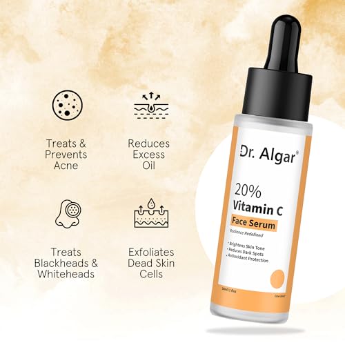Image of Dr. Algar 20% Vitamin C Face Serum for Skin Brightening & Radiance | Helps Reduce Pigmentation, Dark Spots & Uneven Skin Tone | Lightweight Formula for All Skin Types