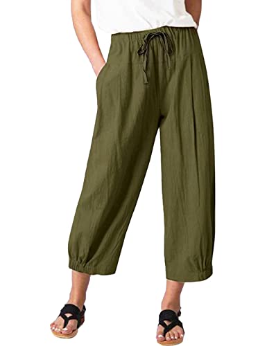 Women's Summer Capri Pants Elastic High Waist Drawstring Wide Leg Cotton Linen Work Pants with Pockets