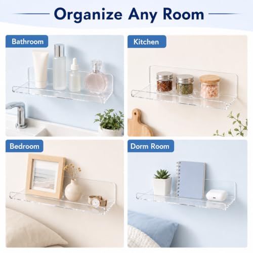 Image of Clear Acrylic Floating Shelves, No Drill Adhesive Wall Shelves, 4 Pack | Clear Acrylic Design; 4 Pack Wall Shelves; Adhesive Mount Only; No Drill Installation; 12 lb Max Load