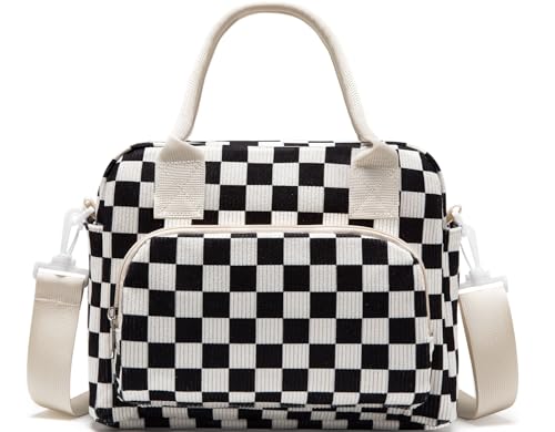 OYLOLA Lunch Bag Women Lunch Box for Women Adult Cute Insulated Lunch Bag Lager Cooler Lunch Tote Bags for Work Picnic (Black-White Plaid)