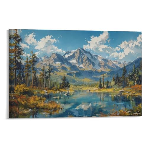 ZAMDNI Bob Ross Oil Painting Nature Landscape Wall Art Mountains Art Painting Poster 5 Canvas Poster Bedroom Decor Office Decor Gifts Frame-style 12x08inch(30x20cm)