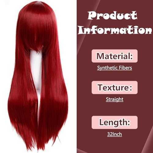 Image of S-noilite 32inch Long Straight Wine Red Hair Wig Heat Resistant Cosplay Anime Costume Red Wigs Halloweem Party Dark Red Wig for Women Burgundy Red Wigs with Bangs