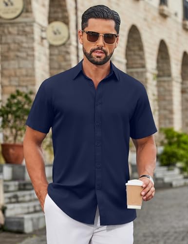 COOFANDY Mens Wrinkle Free Button Down Shirts Casual Business Formal Shirts Short Sleeve Dress Shirt for Men Navy Blue - Image 2