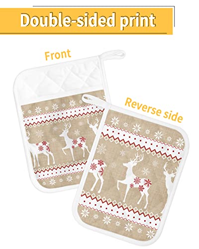 Vintage Christmas Reindeer Pot Holders With Pocket For Kitchen, Heat-Resistant Potholders Set Of 2, Hot Pads Oven Mitts With Hanging Loops For Home Cooking Baking Microwave, Winter Holiday Snowflake #TOP1