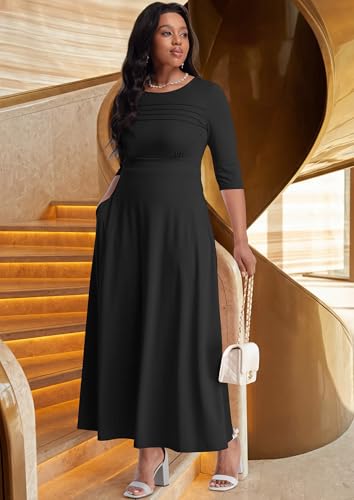Image of FANDEE Fit-and-Flare Maxi Dress Round Neck Pleated Front Side Pockets | Front pleats soft flatter your bust shape; Empire Waist lengthen your figure; 3 /4 sleeves round neck suit for many occasions