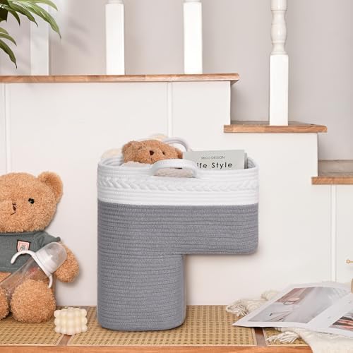 Image of Stair Basket for Wooden & Carpeted Stairs, Foldable Cotton Rope Step Basket with Handles, Staircase Storage Organizer, Fog Grey, 15 inch Lx 10 inch W x 15 inch H