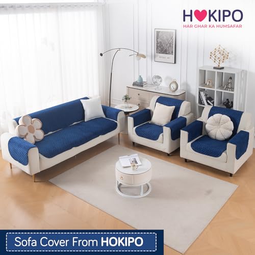 Image of HOKIPO Quilted Sofa Cover 5 Seater Set - Washable 3+1+1 Sofa Cover for Seat & Back | 'Quilt Classic' Navy Blue (IN-927 * 2+925 * 4-NBL)