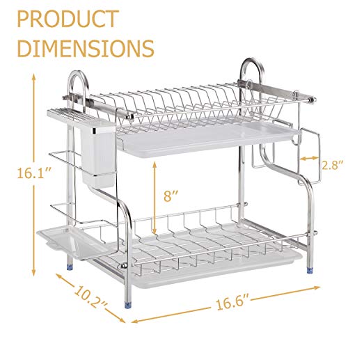 2 Tier Dish Rack, NATUROUS 304 Stainless Steel Dish Drying Rack Kitchen Organizer with Drain Board, Utensil Holder, Cutting Board Holder, Silver - Thumbnail 6