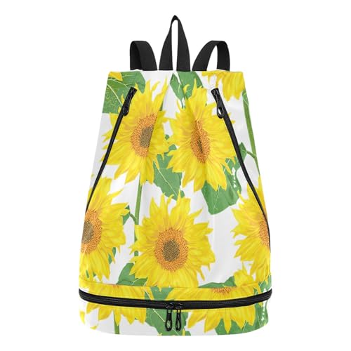 Gym Drawstring Bags Daypacks Backpack Purse Casual Knapsack Shoulder Bag Sitting Rucksack Swimming Equipment Bags Print Yellow Sunflowers WIth Green Leaves On White
