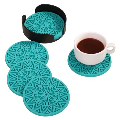 Posavasos de silicona, 6 posavasos aislados antideslizantes, 10 cm, alfombra doble lateral, apto para lavavajillas, con soporte de almacenamiento para la protección de la mesa