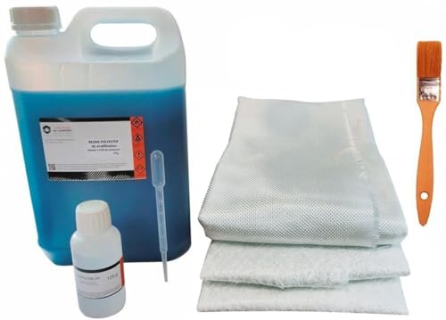 Kit de Résine Polyester 5kg avec 125g de Catalyseur, 5m² de Mat de Verre 300g et Roving 300g - Inclus Pinceau et Pipette - Idéal pour Projets de Réparation...