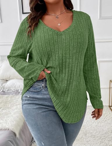 Image of Koscacy Women Plus Size Casual Knit Sweater V Neck Solid Color Tops Lightweight Long Sleeve Blouses