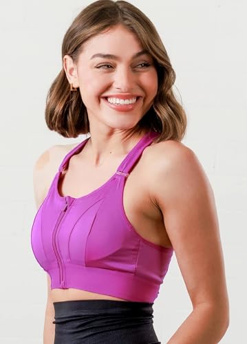 Image of Women Polyester Spandex High Impact Front Zip Sports Bra Fitness Criss Cross Back Crop Tops Tank Gym Yoga Workout, Size: M-5XL