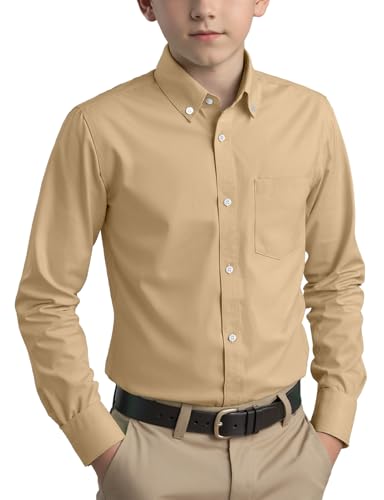 Spring&Gege Boys Long Sleeve Uniform Woven Twill Button Down Shirt for Children Khaki Size 7-8 Years