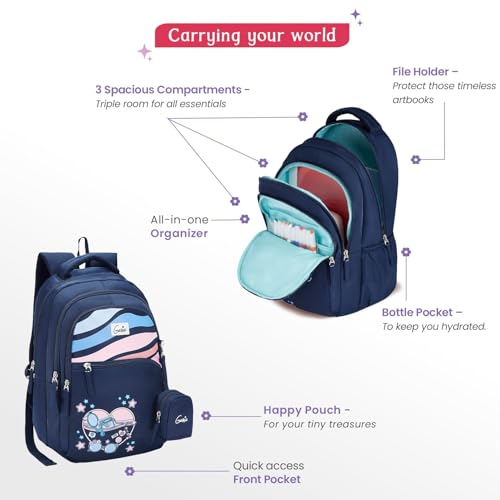 Image of Genie Backpack for Girls Laptop Sleeve, Three Compartments and Organiser with Padded Shoulders |Best for Books,Stationery,Lunch Box & Essentials