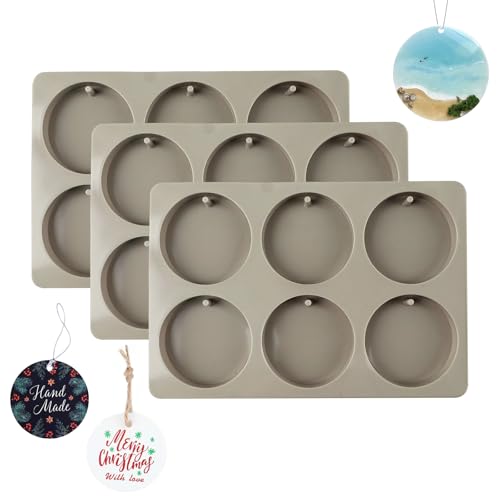 MEMOVAN 6 Cavity Round Coaster Molds 3 Pack Silicone Resin Wax Molds Round Resin Molds Christmas Wax Epoxy Casting Mold with Hanging Hole for DIY Jewelry Keychain Making Pendant Crafts Decor