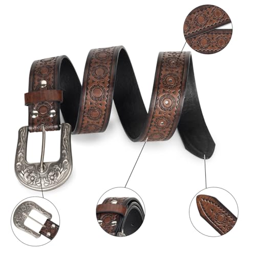 Western-Belt-for-Women-Cowgirl, PU-Leather-Waist-Belts with Vintage-Carved-Buckle and Tips-Ends for Jeans Pants Dresses4