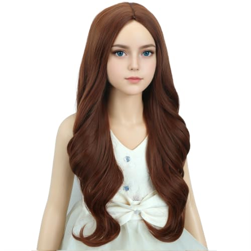 DUDUWIG Child Ginger Orange Wig Kids Long Ginger Middle Part Wig Girls Long Dark Orange Wavy Curly Wigs Heat Resistant Synthetic Hair with Cap