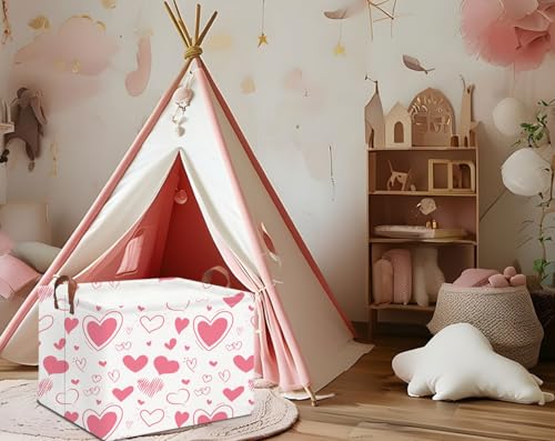 Image of Rectangle Pink Gift Basket Empty with for Kids,Pink Valentine Bakset,Cute Organizer Toy Bin,Gift Basket for Girls /Kids(Pink & White Heart)