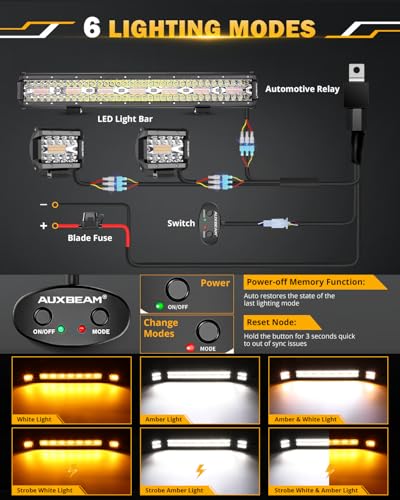 Image of Auxbeam 20 Inch 420W LED Light Bar 2PCS 4 Inch 120W Light Pods, Amber White Strobe Off Road Fog Lights, 6 Modes Memory Reset Function Yellow Spot Flood Driving Work Ditch Lights for Truck Car ATV