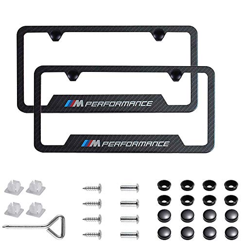 jiayuandz 2pcs M Performance Logo License Plate Stainless Steel Frame with Carbon Fiber Textured Glossy Finish Logo for BMW (M Performance)
