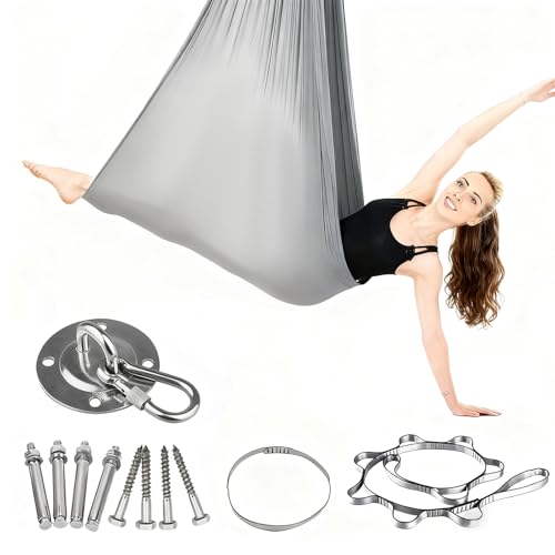 KKSJK Aerial Yoga Hängematte Set, Aerial Yoga Swing Hängematte, Schaukel Nestschaukel, Hammock Swing für Indoor Outdoor, 200KG Max. Tragfähigkeit, Inkl. Kompletter Installationshardware (Grau)