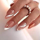 Press on Nails Almond Shaped Fake Nails Medium Length Acrylic Nails French Tip Pink False Nails with