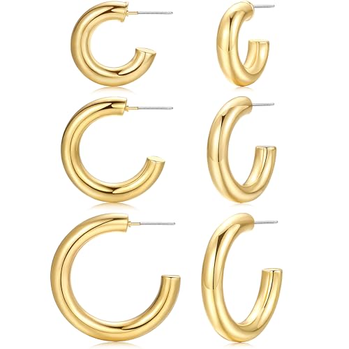 14K Gold Plated Lightweight Chunky Open Hoops, Gold Hoop Earrings for Women (1-Gold)